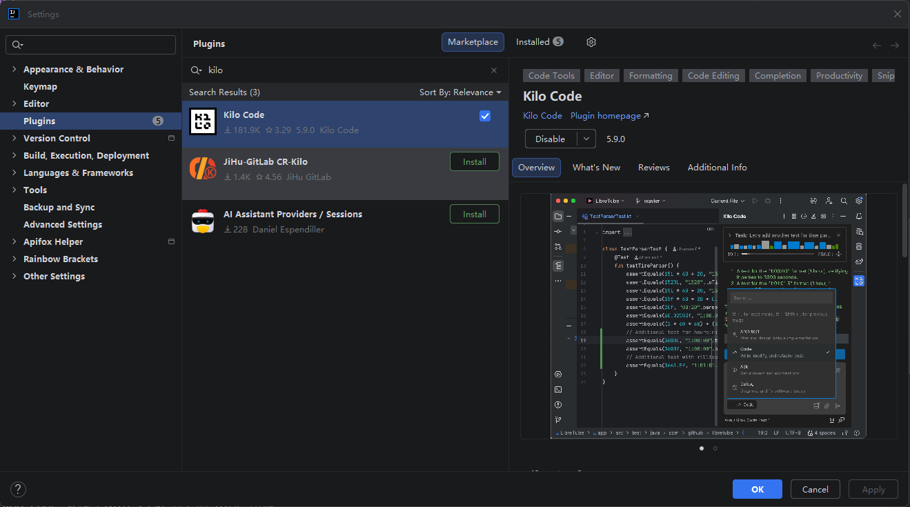 JetBrains Plugins 搜索 Kilo Code 并安装