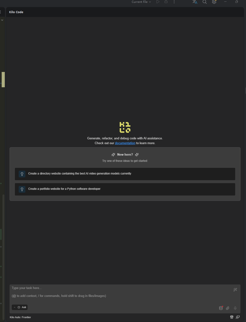 JetBrains 中 Kilo Code 主面板欢迎界面