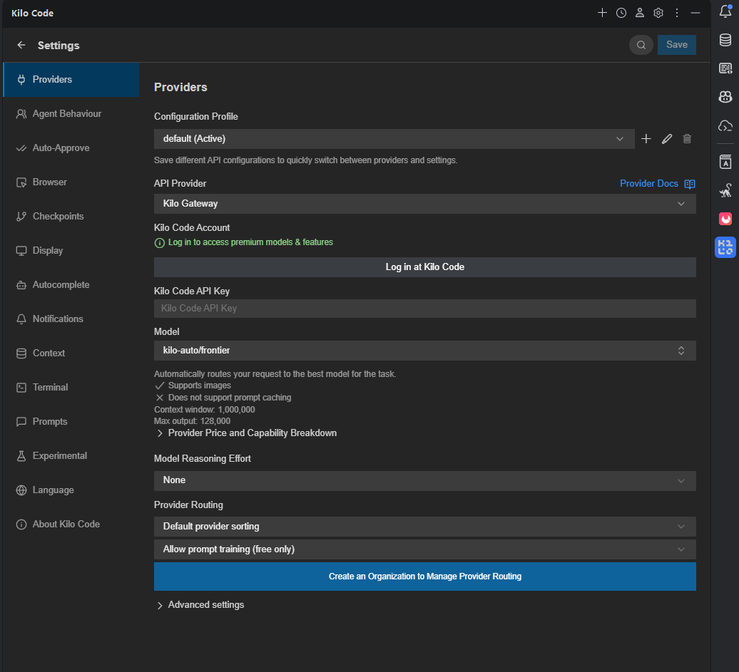 Kilo Code 设置页面（JetBrains）